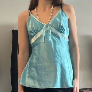 blue silky babydoll tank top with cute bow at the front by La Vie en Rose